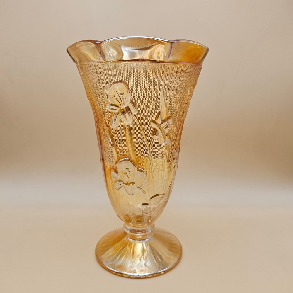 Amber Iridescent Glass Vase Iris Floral Pedestal Footed Trumpet Art Glass